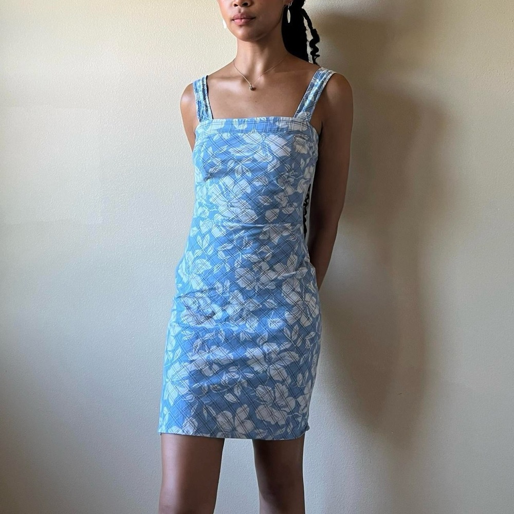 Baby blue plaid floral cotton tropical tank mini dress, Sz. S, Faded Glory